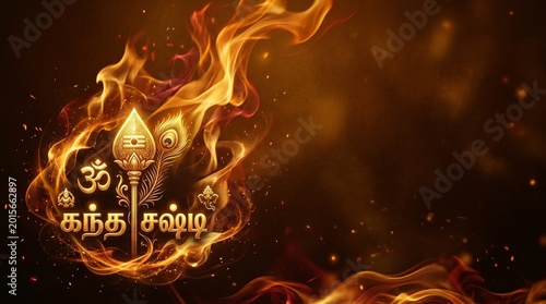 Skanda Sashti Abstract Spiritual Fire Texture with Golden Divine Symbols and Sacred Vel Spear, Radiant Background for Lord Murugan Hindu Festival