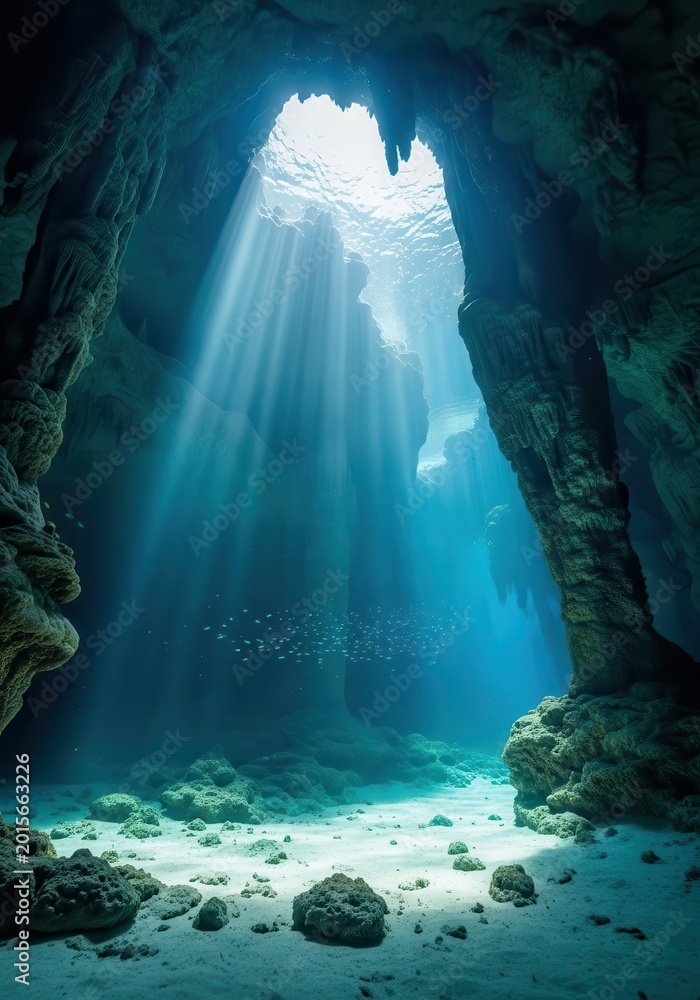 Obraz premium Stunning Underwater Cave with Dramatic Sunbeams Filtering Through the