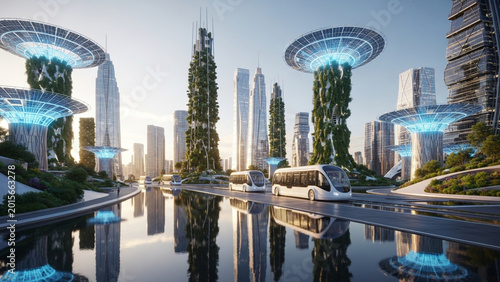 Futuristic city skyline with advanced transportation systems and eco-friendly architecture