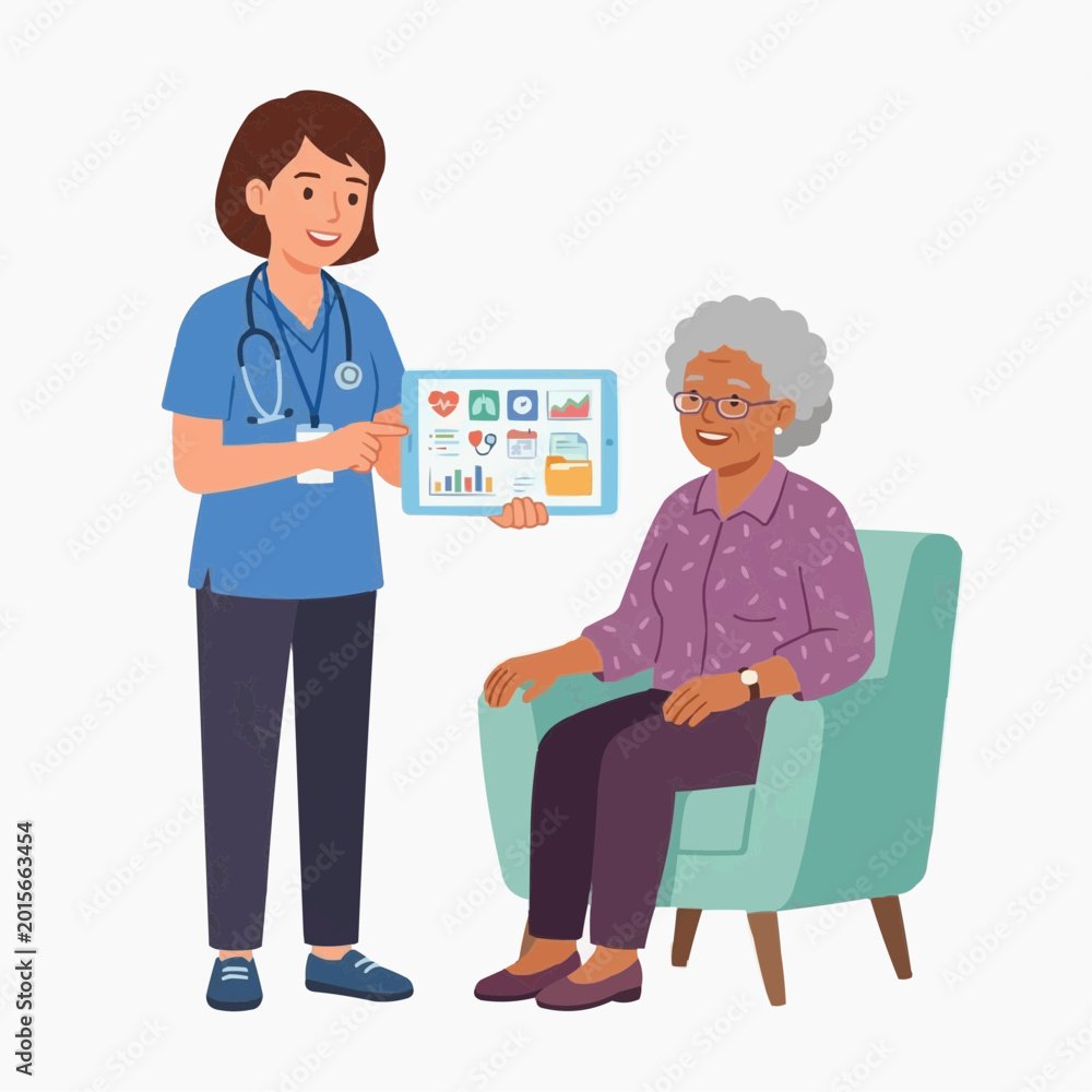 Obraz premium Nurse showing medical data on tablet to elderly woman in armchair