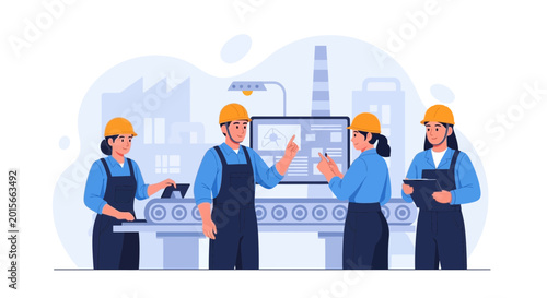 Factory workers discuss production plan on monitor with conveyor belt