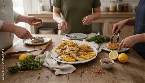 Group sharing homemade roasted chicken in a kitchen