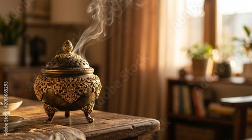 Ornate golden incense burner emitting smoke on a wooden table for holiday