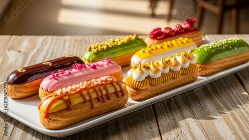 Indulge in a visual feast with a delectable assortment of exquisitely crafted eclairs, each a masterpiece of flavor and artistry, arranged on a pristine platter.