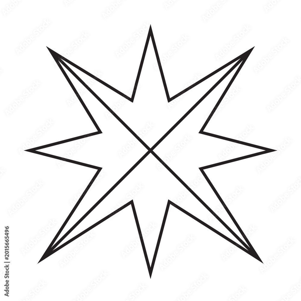 Obraz premium Geometric Eight Pointed Star Linear Icon with Clean Intersecting Diagonal Cross Lines Representing Compass Rose and Sparkle Designs