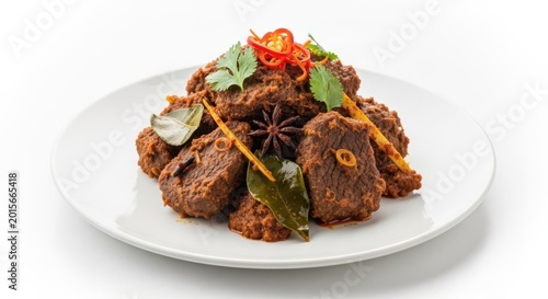 Rich Beef Rendang Dish with Fresh Garnishes on White Plate
