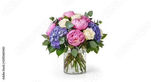 Beautiful Bouquet of Peonies and Hydrangeas in a Clear Vase