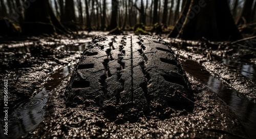 Worn Tire Treads Stuck in Muddy Forest Ground