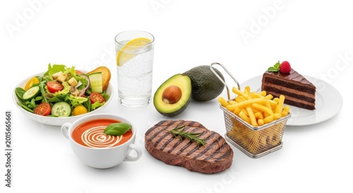 Grilled Steak Meal with Avocado, Fries, Soup, Salad, and Drink