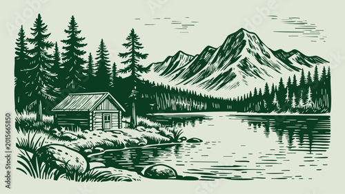 Mountain landscape with cabin and lake, vintage woodcut style