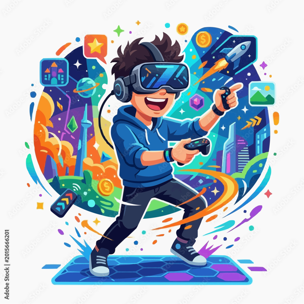 Fototapeta premium Boy Playing Virtual Reality Game with Futuristic Cityscape and Space Elements