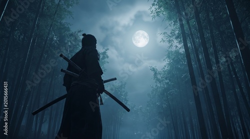 Samurai Silhouette in Bamboo Forest