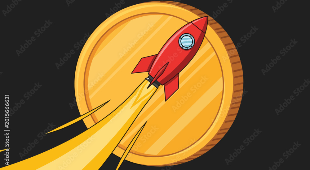 Εκτύπωση καμβά Red Rocket Ship on Gold Coin.