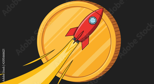 Foto Red Rocket Ship on Gold Coin.