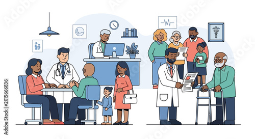 Photos Diverse healthcare team and patients in modern clinic, promoting health and wellness