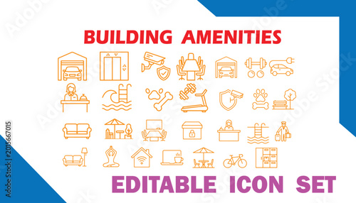 Billede på lærred Building amenities icon set vector with swimming pool building amenities illustr