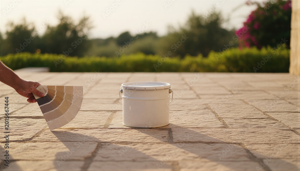 Naklejka premium Minimalist white paint bucket on a sun-drenched stone terrace during an outdoor home project