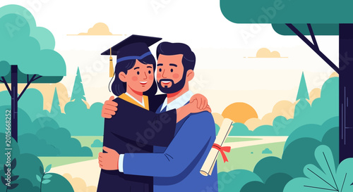 Tableau sur toile Proud father hugs daughter in graduation gown with diploma outdoors