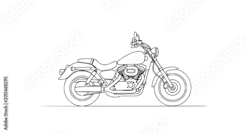 Billede på lærred Motorcycle outline drawing, cruiser style, black and white line art, isolated on