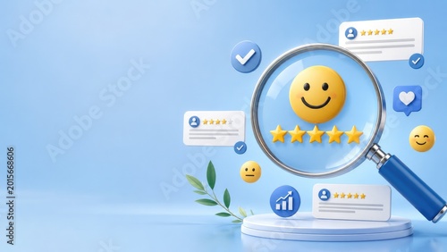 Customer satisfaction feedback concept with smiley face, five star rating, magnifying glass and online review interface in blue background