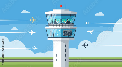 Foto Air Traffic Control Tower with Planes Flying in Blue Sky
