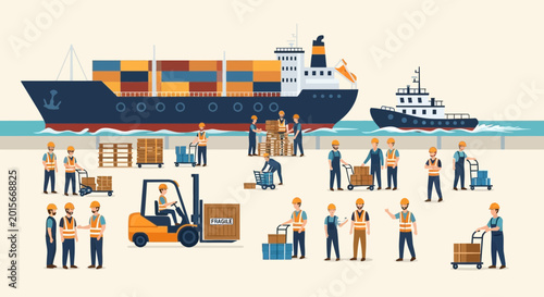 Tableau sur toile Container Ship Cargo Logistics: Dockworkers and Forklift Unloading Shipping Cont