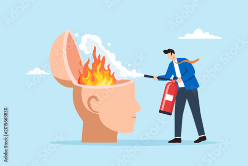 Obraz na plátne Flat illustration of businessman extinguishing fire inside open human head repre
