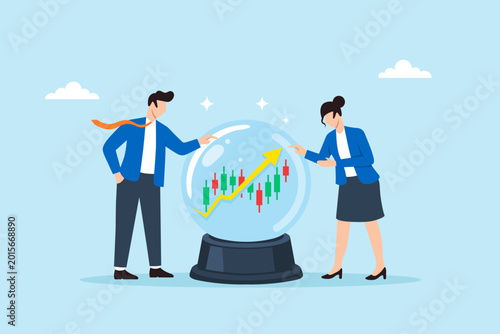Photos Flat illustration of businessman and businesswoman analyzing crystal ball with c