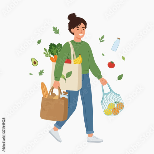 Woman carrying reusable bags filled with fresh groceries and produce