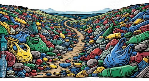 Photos A path through a landscape filled with plastic waste and garbage.