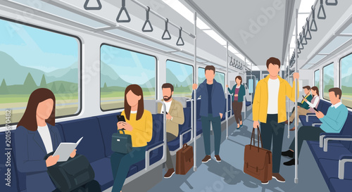 Schilderij op canvas Diverse commuters traveling inside a modern train carriage, seated and standing passengers