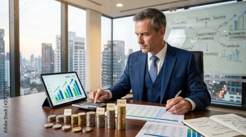A mature businessman is intently reviewing financial documents at a modern office desk. He is examining a tablet displaying a graph, alongside a calculator and stacks of coins.