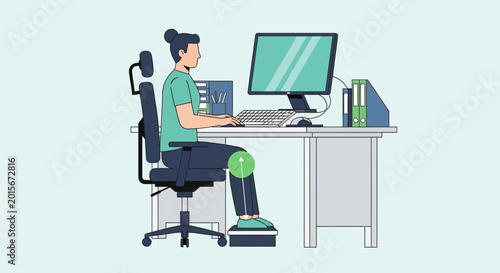 Ergonomic Office Setup: Woman at Desk with Proper Posture and Footrest