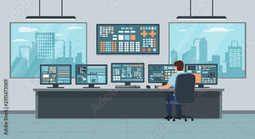 Foto Control Room Operator Monitors Multiple Screens in Modern Surveillance Center