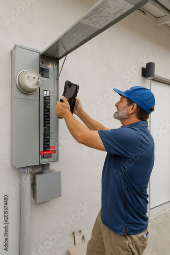 Professional male home inspector inspect and photograph electrical systems in houses and buildings