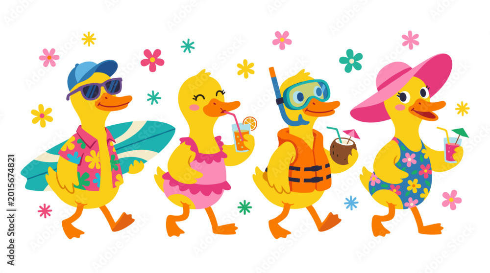 Obraz premium Four cheerful cartoon ducks dressed in summer attire walking together with drinks and accessories celebrating vacation
