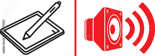Foto Graphic tablet with stylus and speaker with sound waves icon set