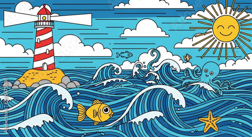 Obraz na płótnie Cartoon Lighthouse and Ocean Life with Sunny Sky.