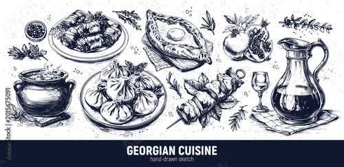 Photos Cozy traditional Georgian food: wine, khachapuri, khinkali, mtsvadi (shish kebab), kharcho soup, badrijani (eggplant rolls) and pomegranate
