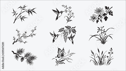 Konstfotografi Black and white floral and wildlife silhouette illustrations