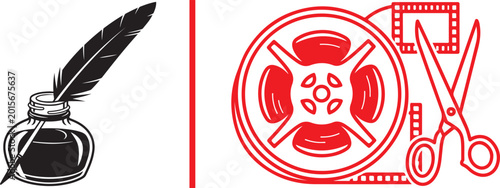 Schilderij op canvas Quill pen and inkwell with film reel and editing scissors vector icon set