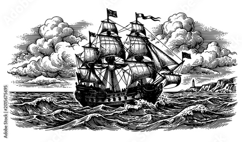 Bild auf Leinwand Vintage sailing ship engraving vector with ocean waves and dramatic cloud illust