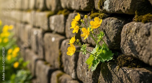 Yellow flowers growing through stone wall.