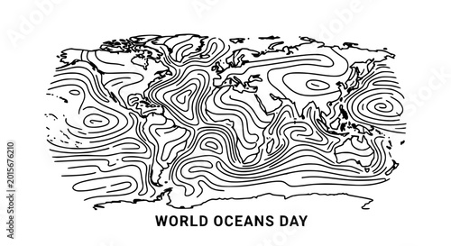 Fotografie World Oceans Day Map: Global Ocean Currents Abstract Line Art