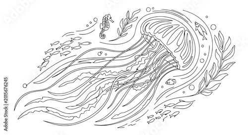 Bild auf Leinwand Line Art Jellyfish Underwater Scene with Seahorse and Fish