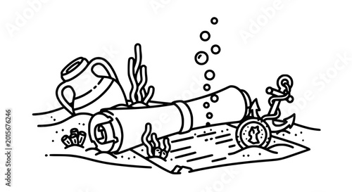 Photos Underwater Treasure Map Scroll, Ancient Amphora, Anchor, and Coin - Line Art