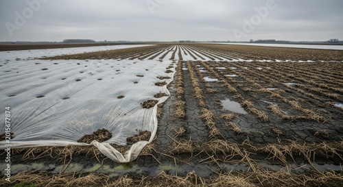Flooded Agricultural Field Covered in Plastic Sheeting Under Cloudy Skies