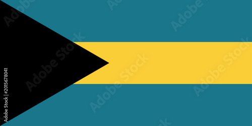 Fotografie Flat vector illustration of the national flag of the Bahamas with black triangle and horizontal stripes isolated on a white background