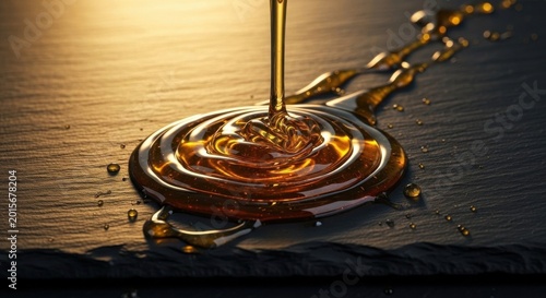Golden honey liquid pouring and spreading on a dark textured surface