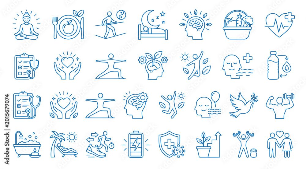 Fototapeta premium Set of Linear Style Self Care and Holistic Wellness Icons Detailing Physical Training Balanced Diet Stress Relief and Mental Peace